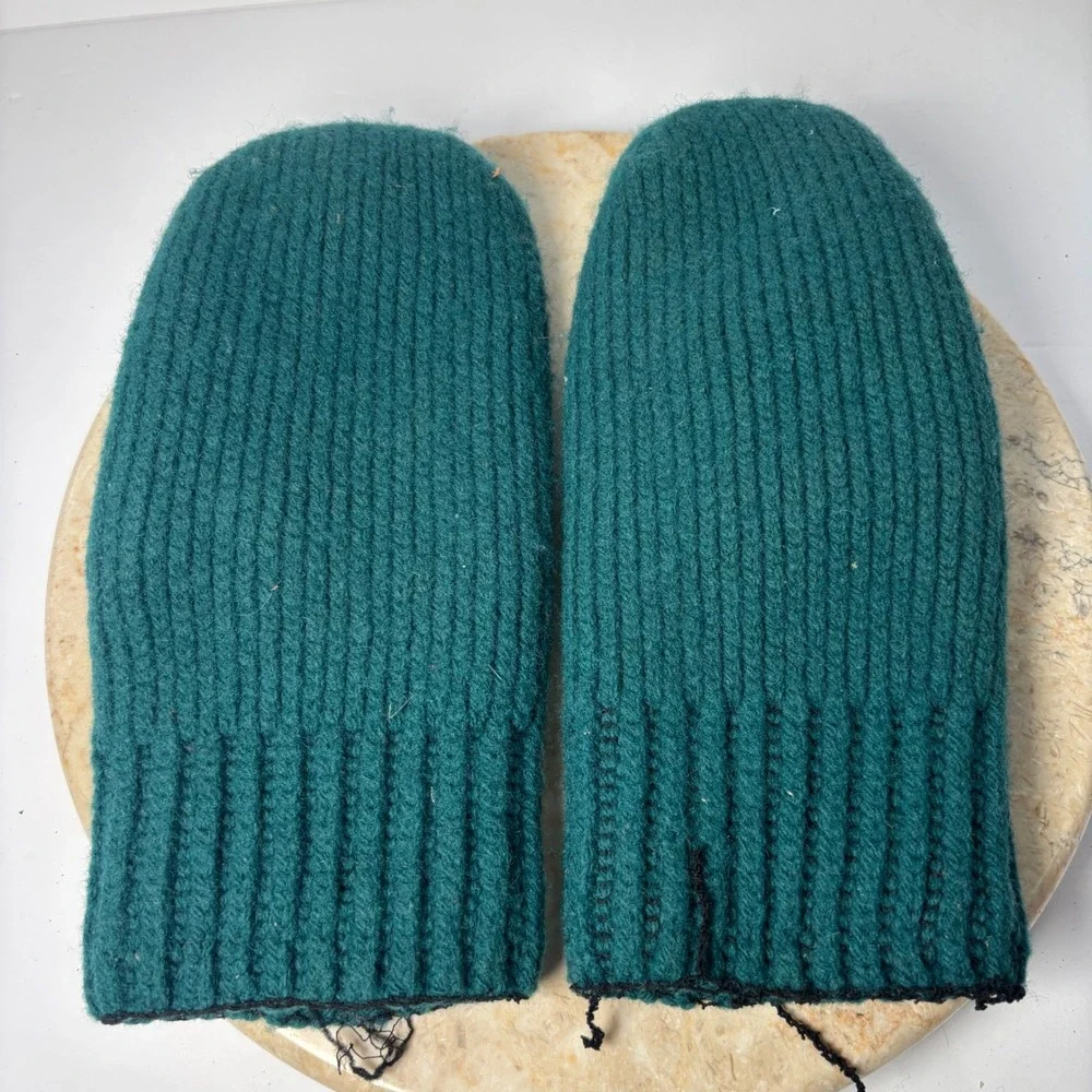 Vintage Wool Ribbed Knit Mittens Large Teal Green Insulated Heavyweight Winter